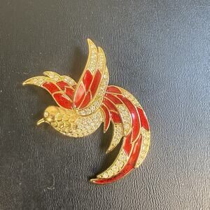 Vintage Giorgio Gold-Tone Red & Clear Rhinestone Phoenix Cardinal Bird Brooch